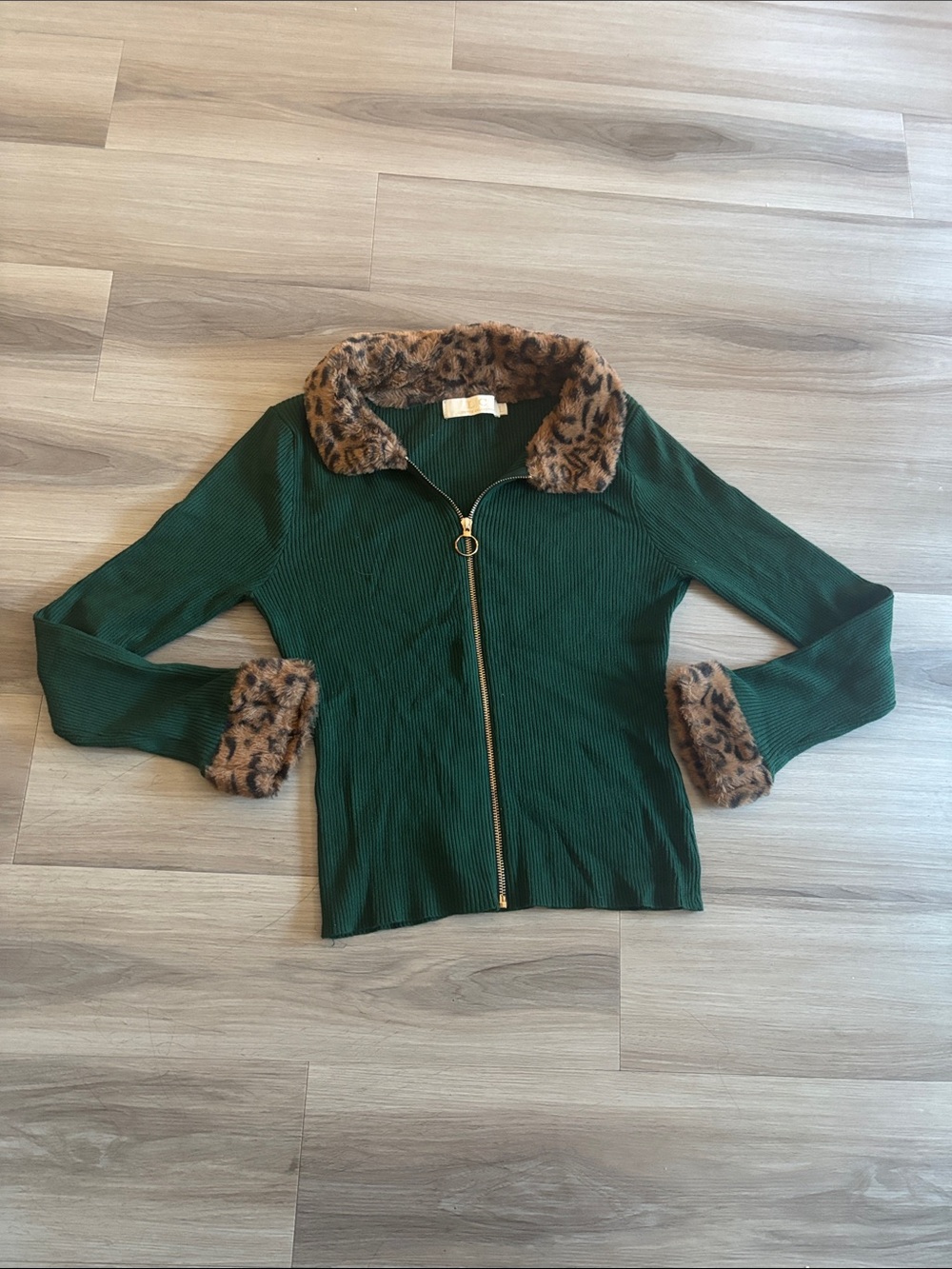 Forest Green Ribbed Zip Cardigan with Leopard Faux-Fur Trim